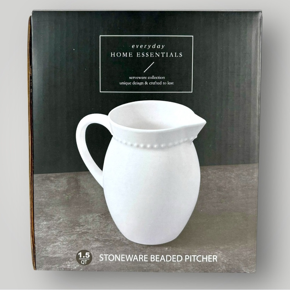 Everyday Essentials 1.5 Qt Stoneware Beaded Pitcher – White Beaded Design